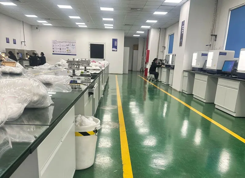 Fiber samples and inspection equipment in a testing room